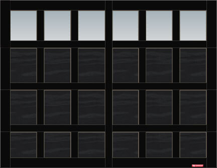 Cambridge CS garage door, 9’ x 7’, Black door and overlays, Clear Panoramic windows